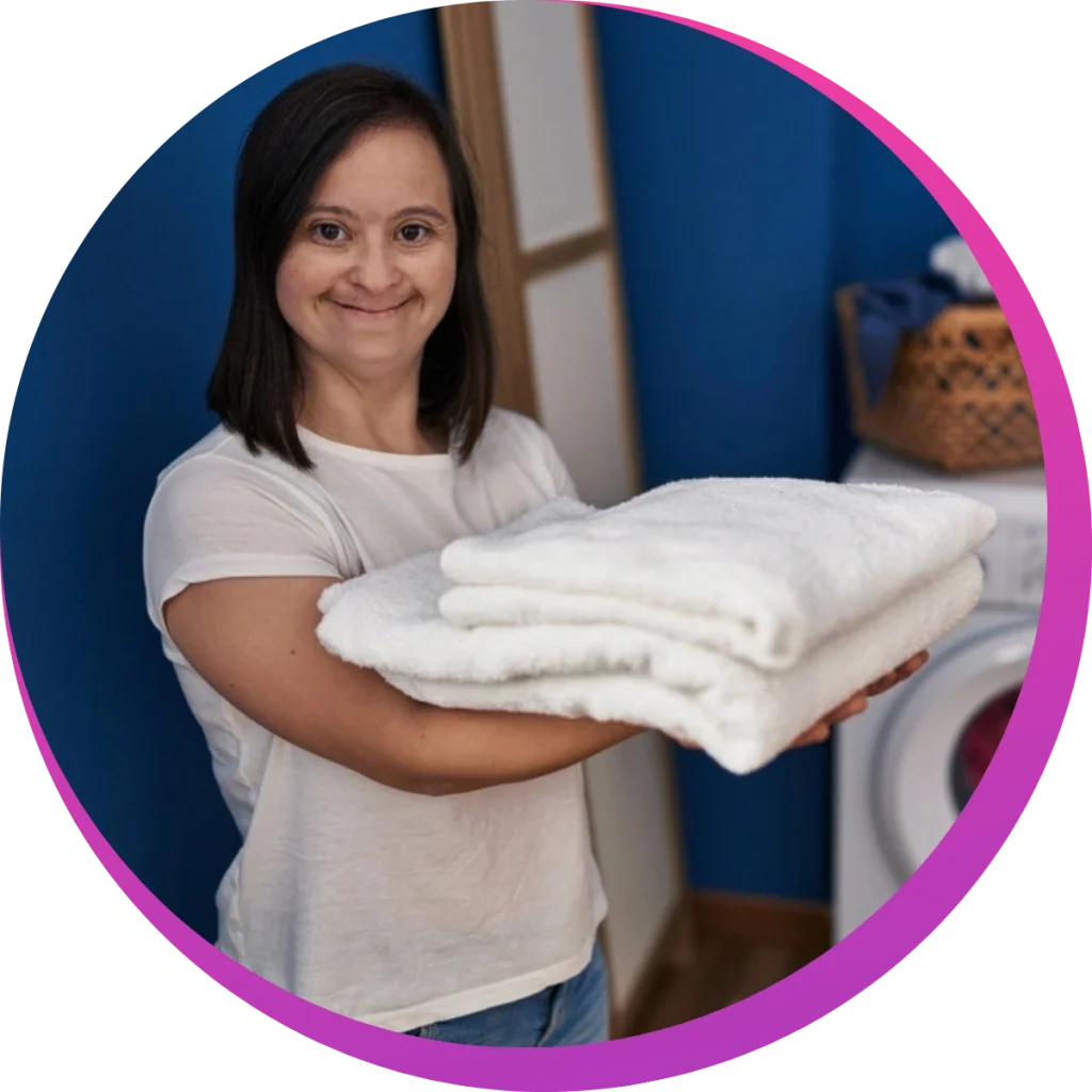 Disabled woman with washed towels